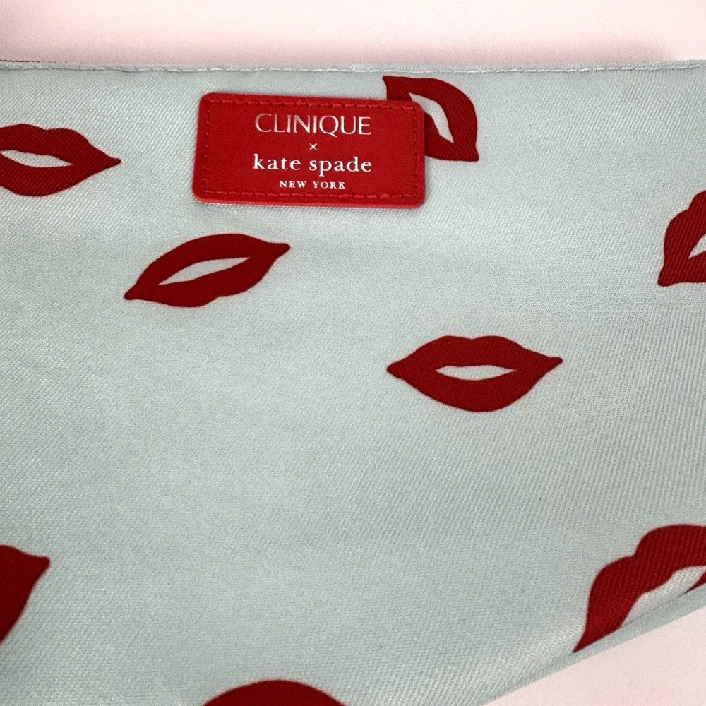 Clinique Kate Spade New York Zipper Cosmetic Bag for Make Up Aqua with Red Lips